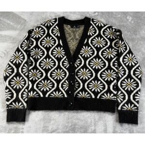 Volcom Cardigan Sweater Womens Small Black Daisy Floral Retro Knit V-Neck